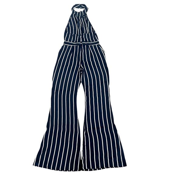 Flynn Skye Black White Striped High Neck Flare Jumpsuit Sz M - Picture 5 of 6